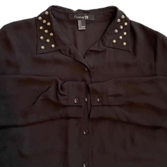 FOREVER 21 WOMENS BLACK TOP Small STUDDED COLLAR Long Sleeves SEMI SHEER 0859AT - Picture 4 of 9